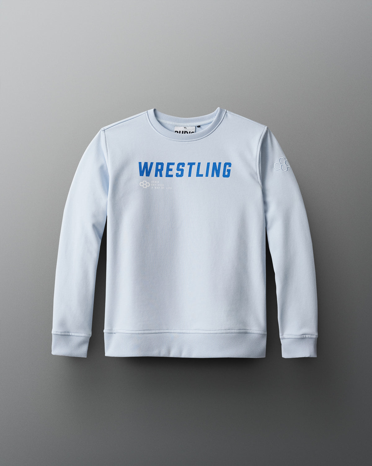 A white youth crewneck sweatshirt with the word 'WRESTLING' printed in blue on the front.