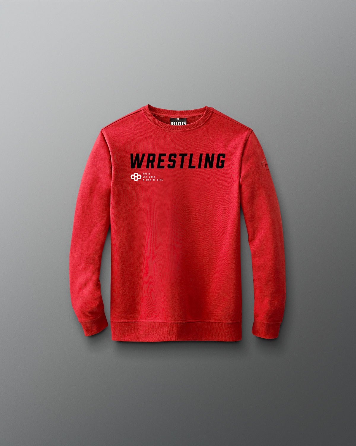 Red sweatshirt with 'WRESTLING' printed on it against a gray background
