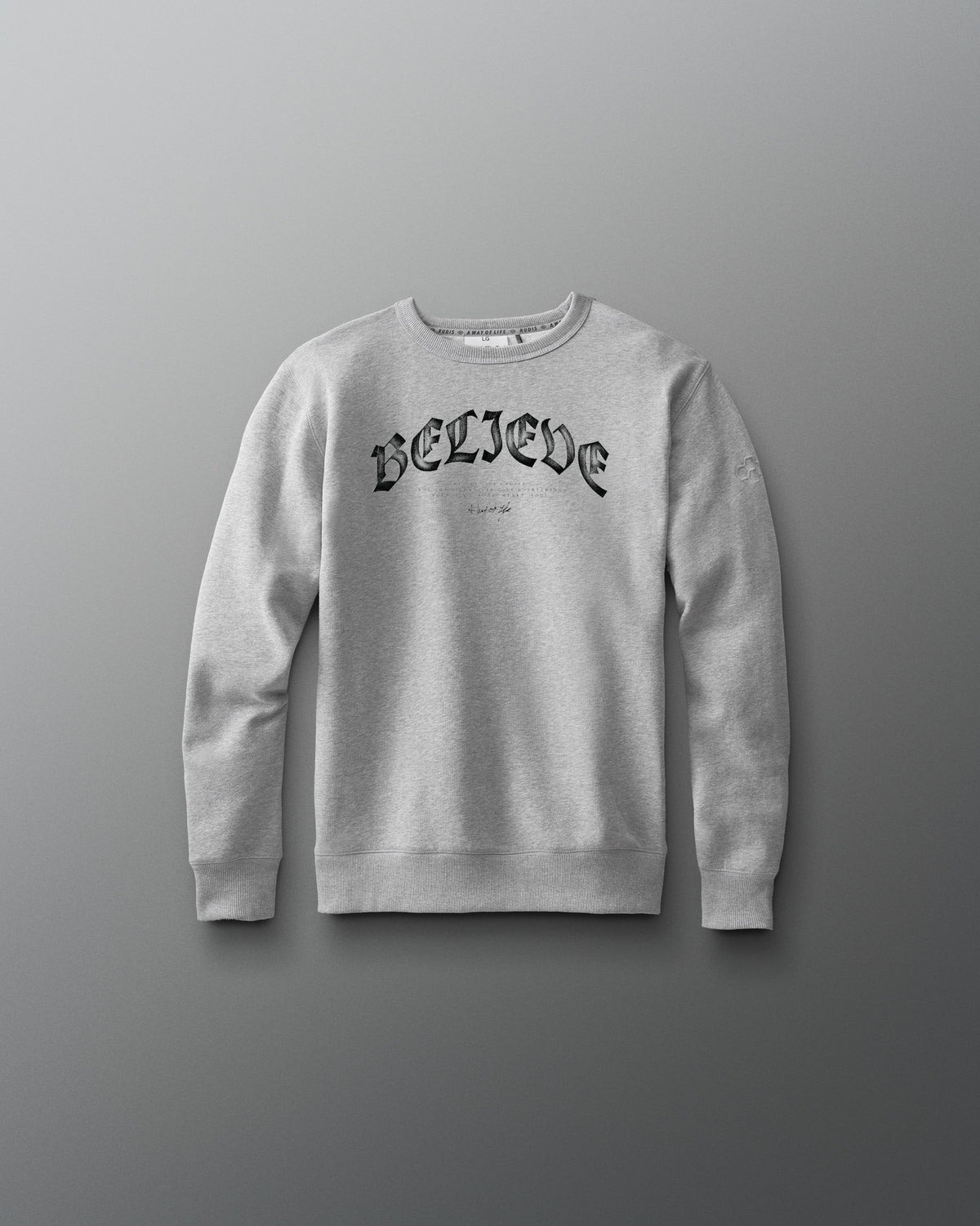 Gray sweatshirt with 'BELIEVE' text on a gray background