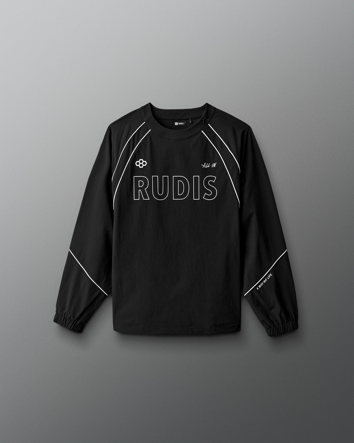 Black long-sleeve athletic shirt with 'RUDIS' branding on a gray background
