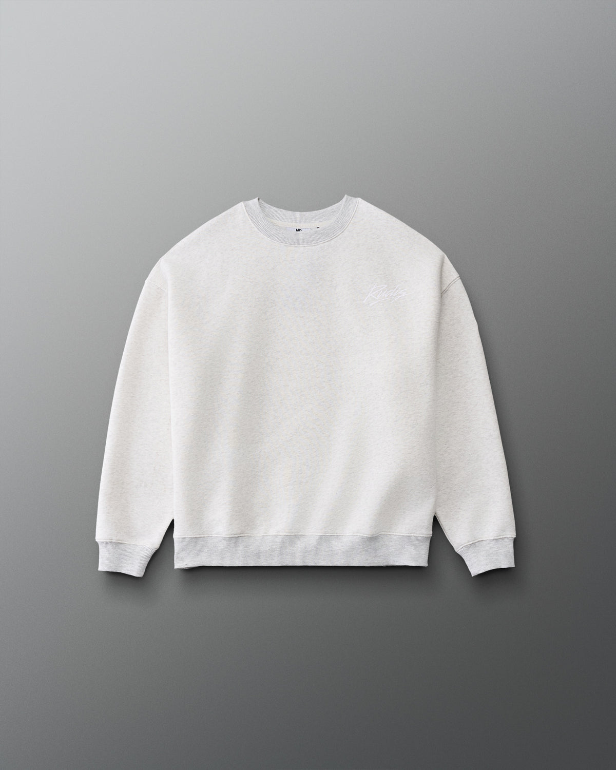 RUDIS Wrestling Youth Relaxed Comfort Fleece Crewneck in Heather Silver, front view with subtle white RUDIS script logo on the chest and ribbed cuffs and hem.