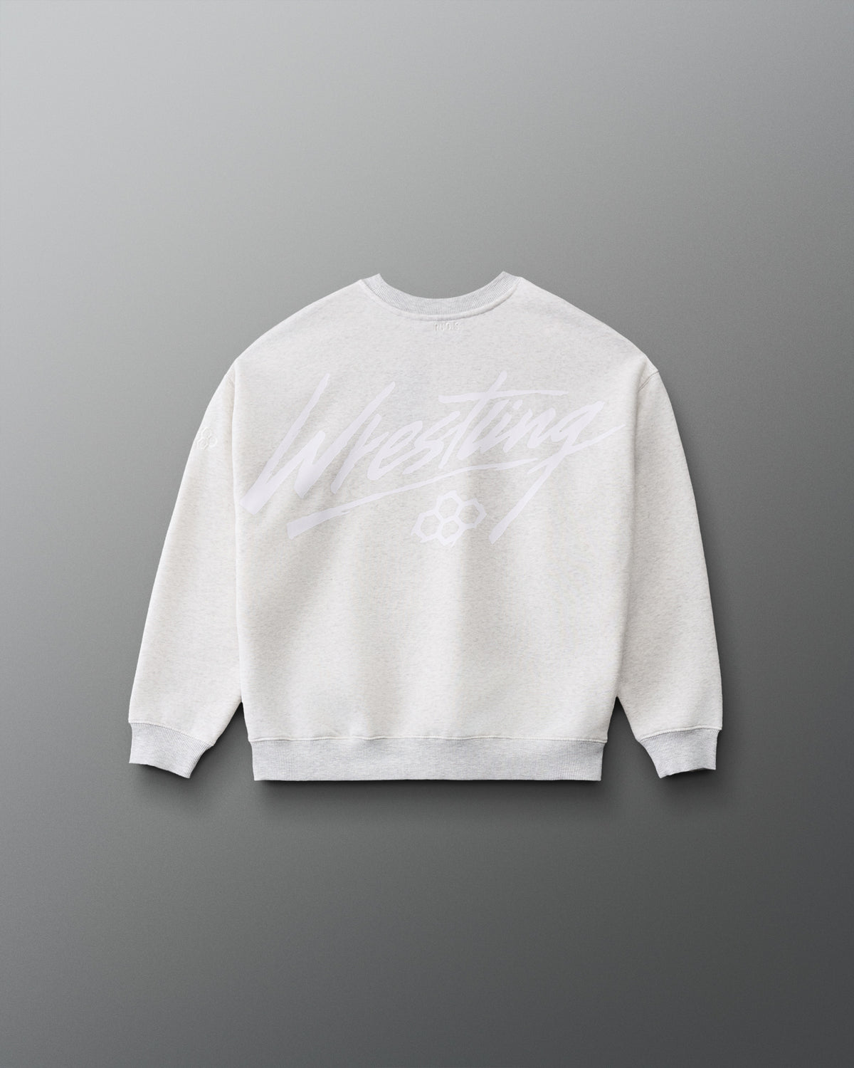 RUDIS Wrestling Youth Relaxed Comfort Fleece Crewneck in Heather Silver, back view featuring oversized white Wrestling script graphic and RUDIS hex logo.