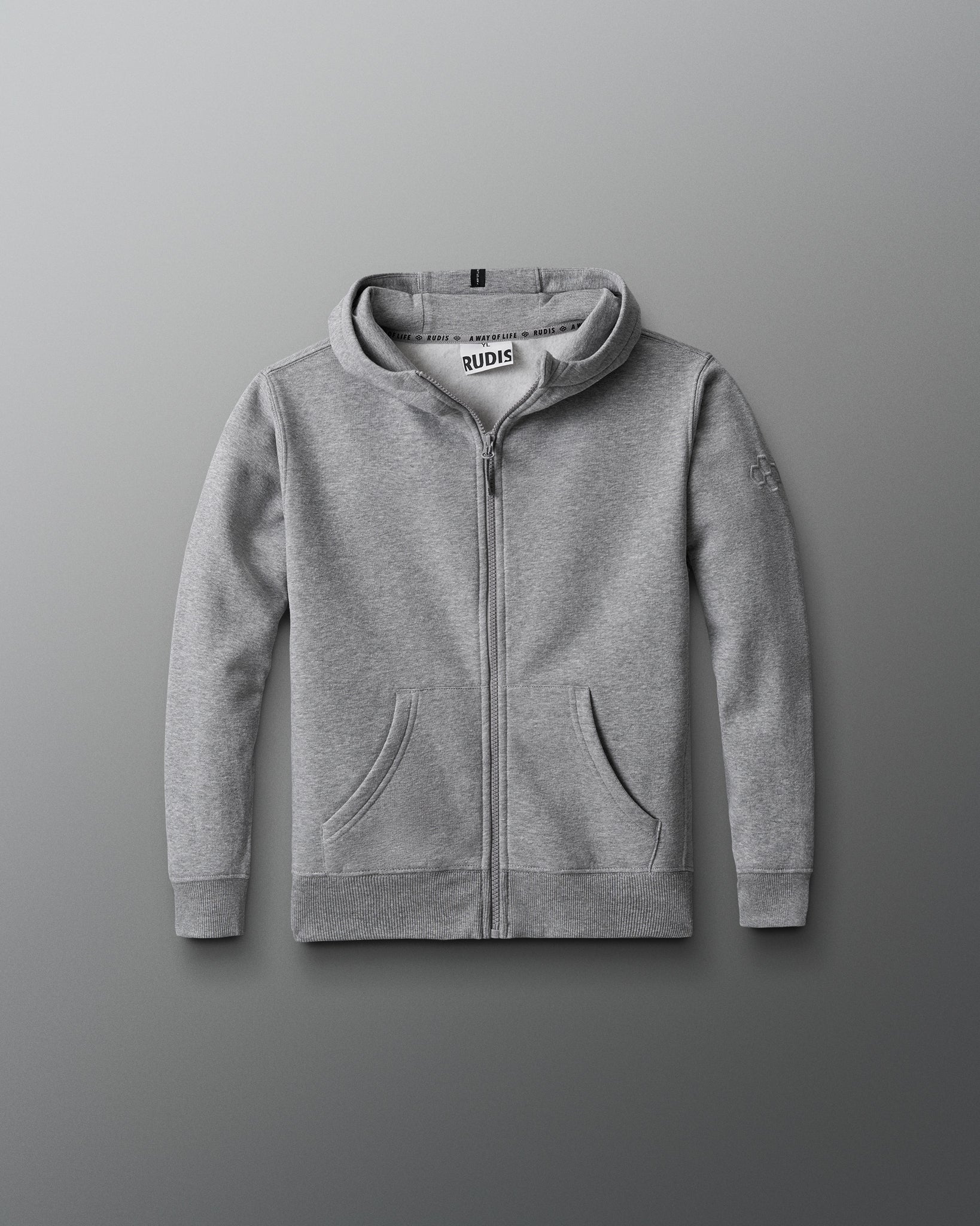 Gray hoodie with a brand logo on a gray background
