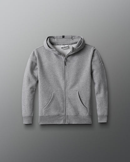 Gray hoodie with a brand logo on a gray background
