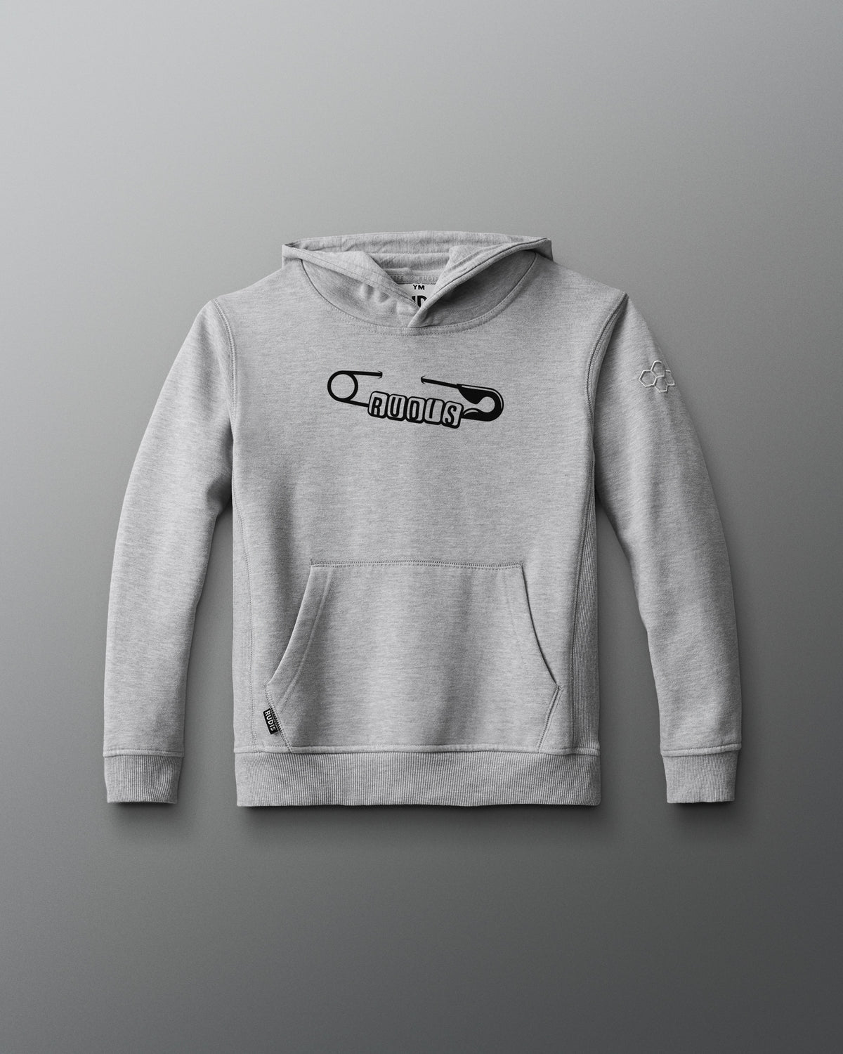 A black hoodie with white stripes and a white 'RUDIS' logo on the front.