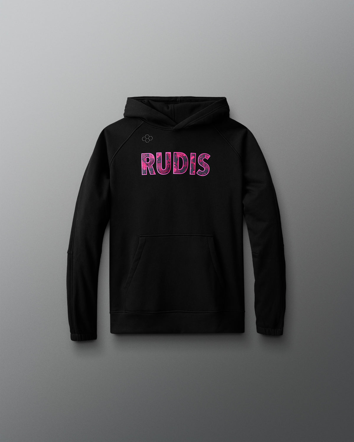 Black hoodie with 'RUDIS' text on a gray background