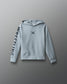 Light blue hoodie with branding on a gray background