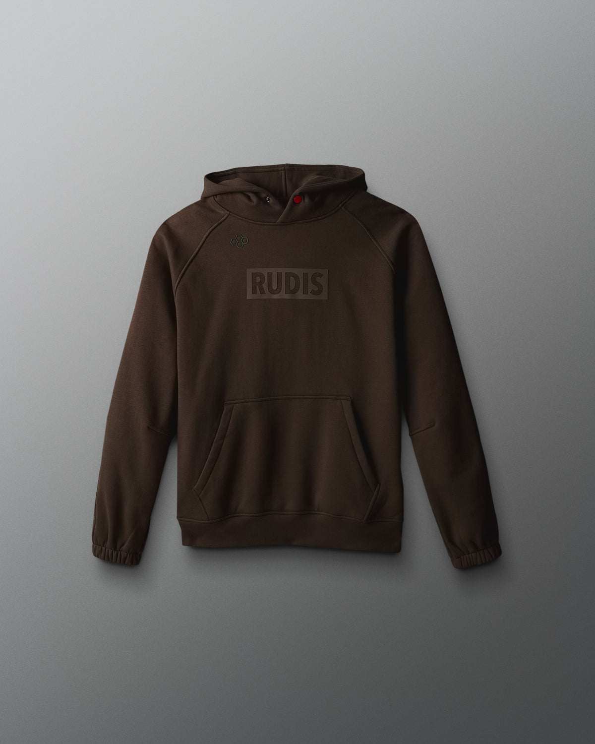 Brown hoodie with 'RUDIS' logo on a gray background