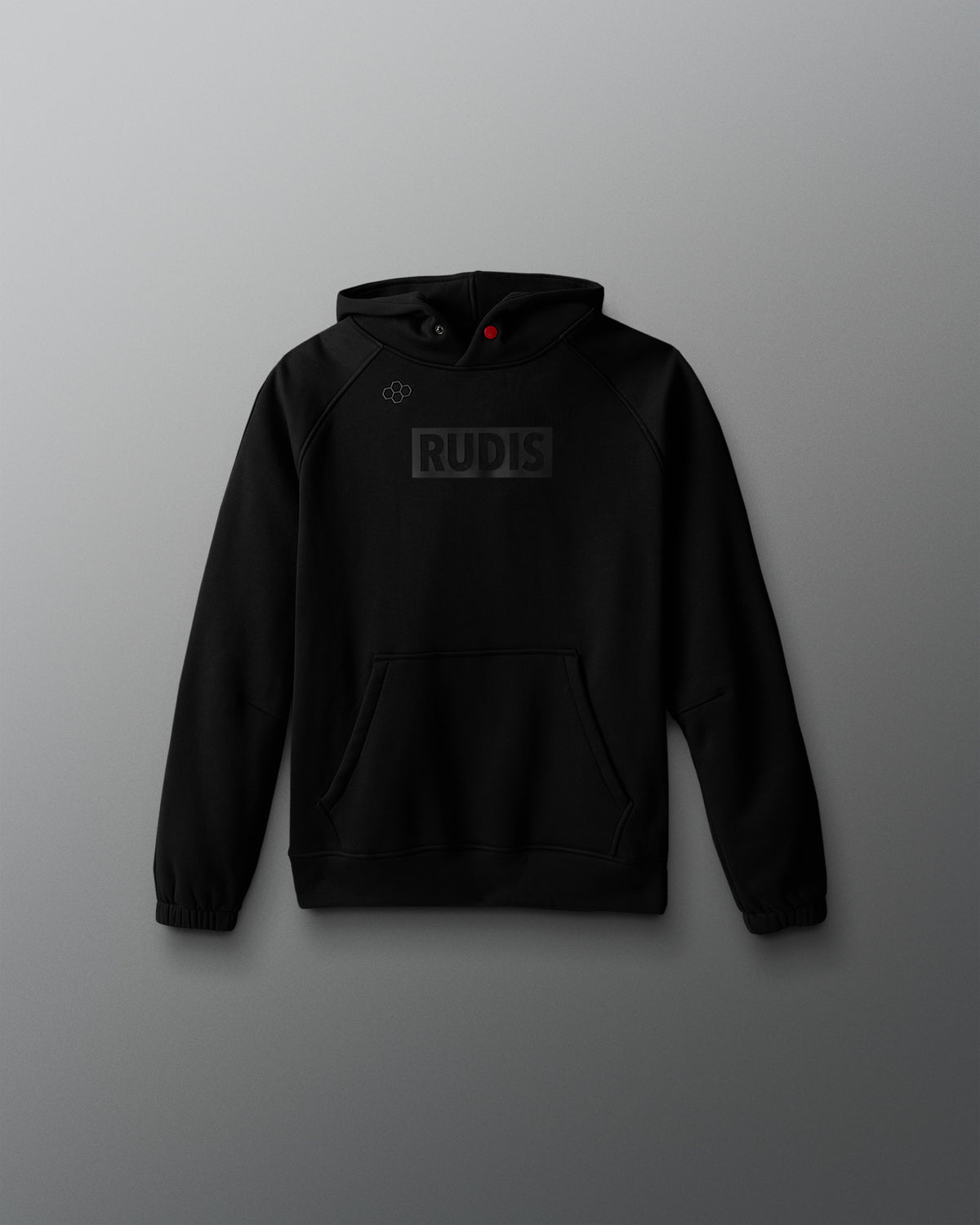 Black hoodie with 'RUDIS' logo on a gray background