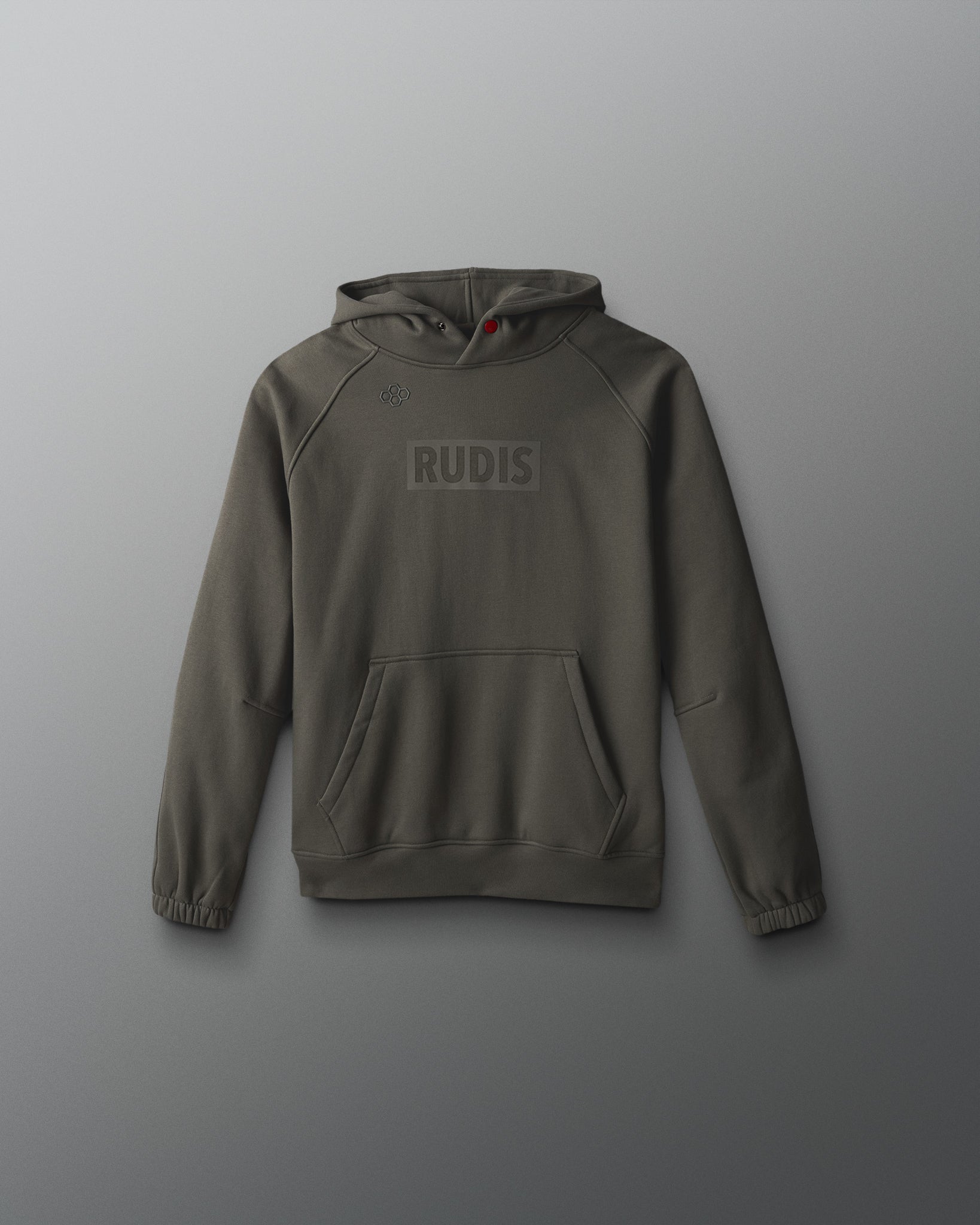Green hoodie with 'RUDIS' logo on a gray background