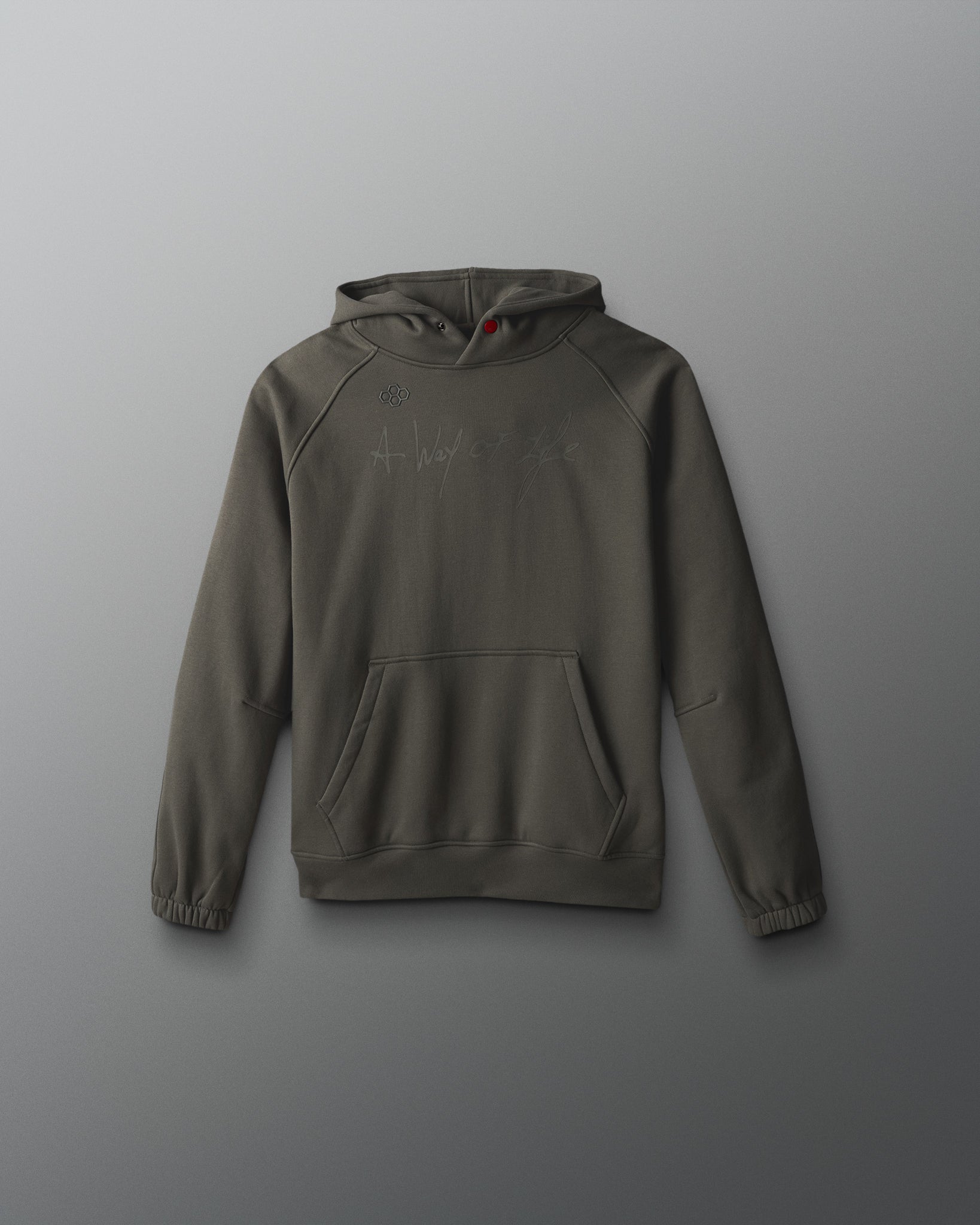 Green hoodie with a brand logo on a gray background