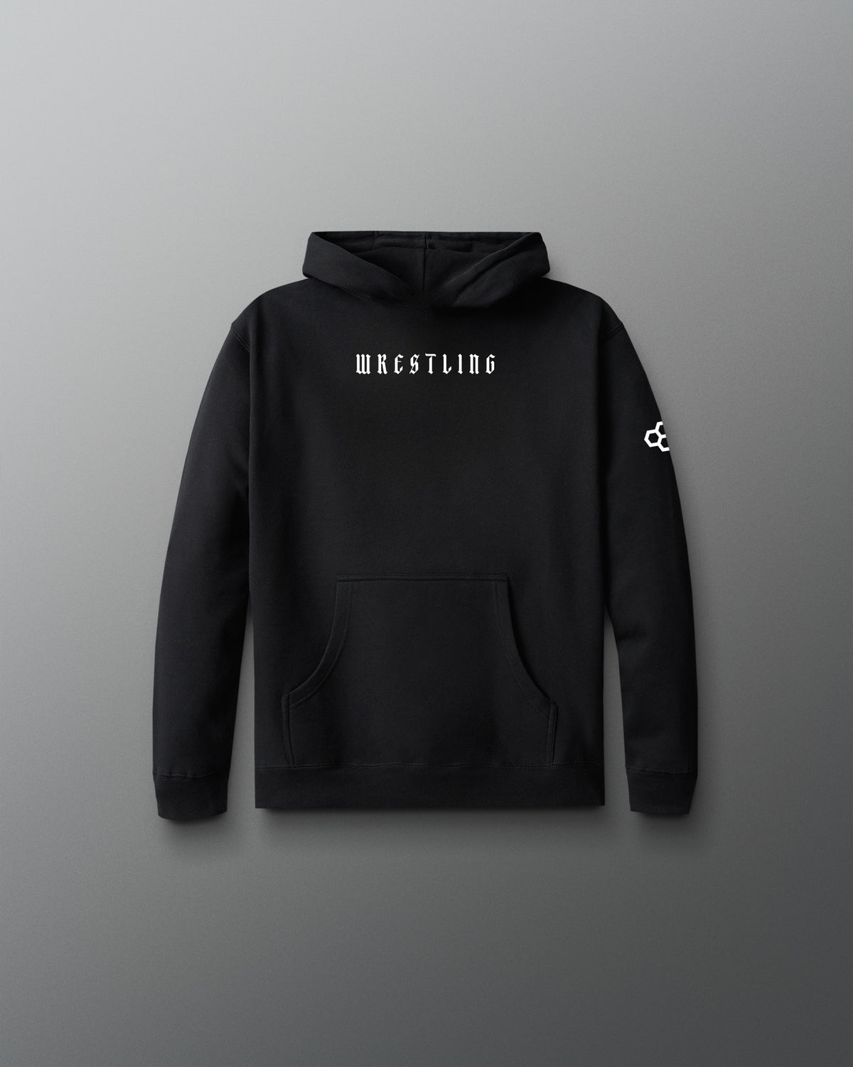 Black hoodie with 'Wrestling' text on a gray background