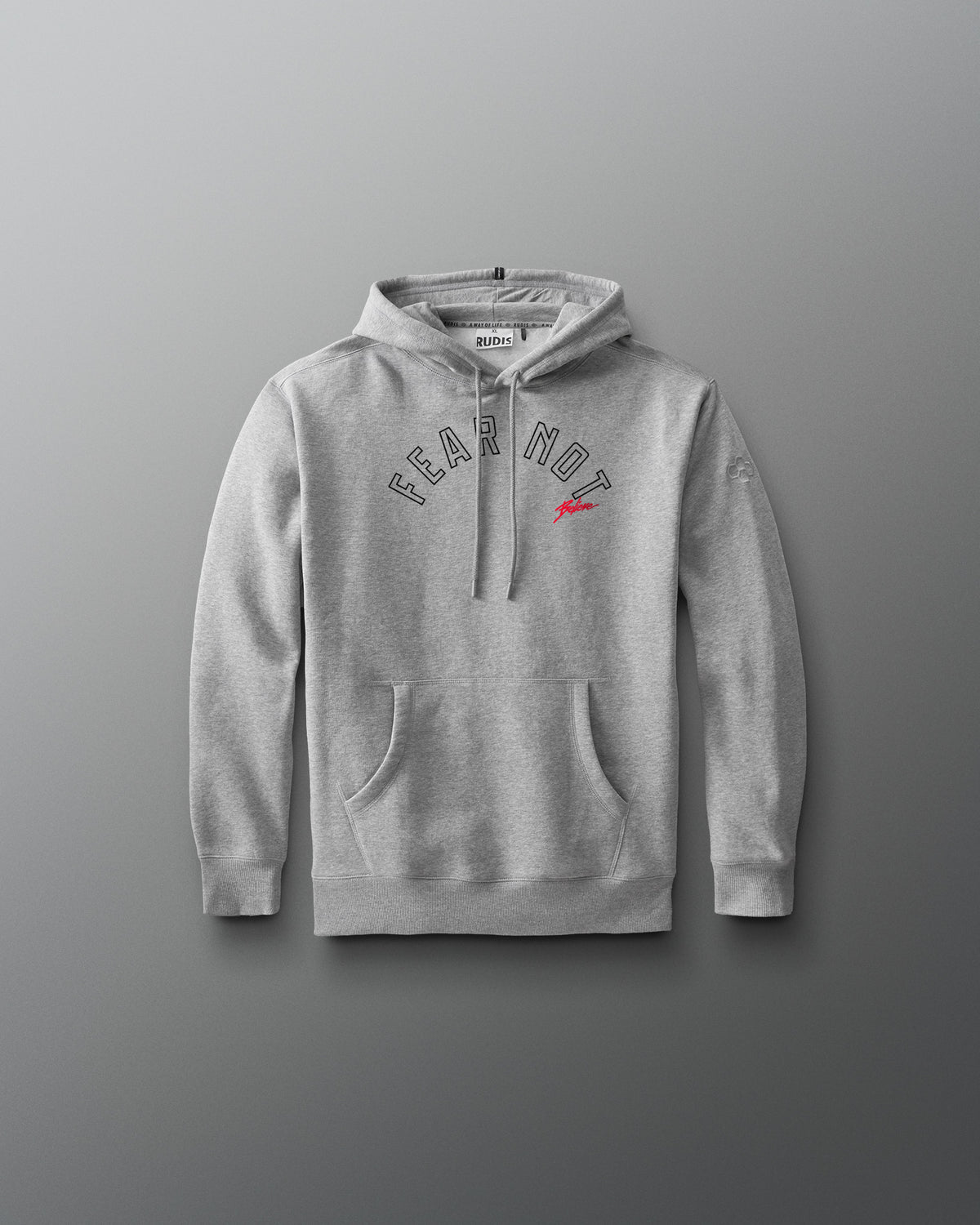 Gray hoodie with 'FEAR NOT' text on a gray background