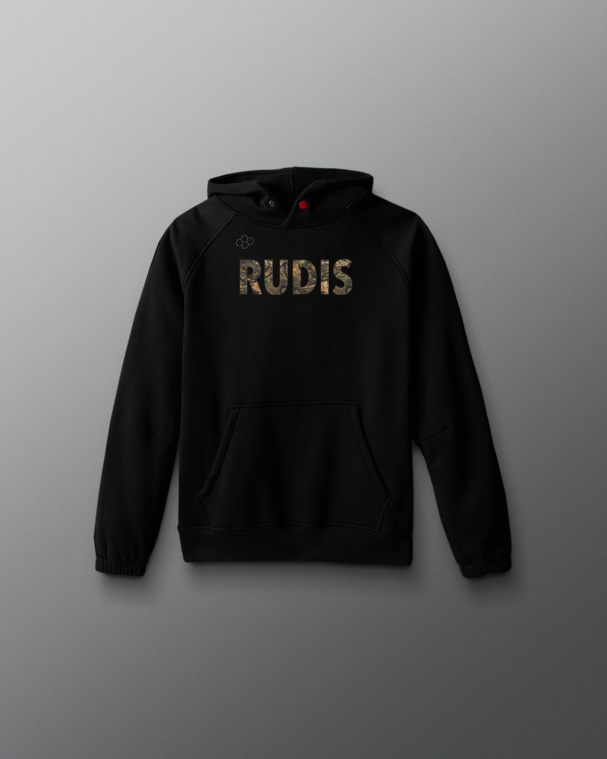 Black hoodie with 'RUDIS' branding on a gray background