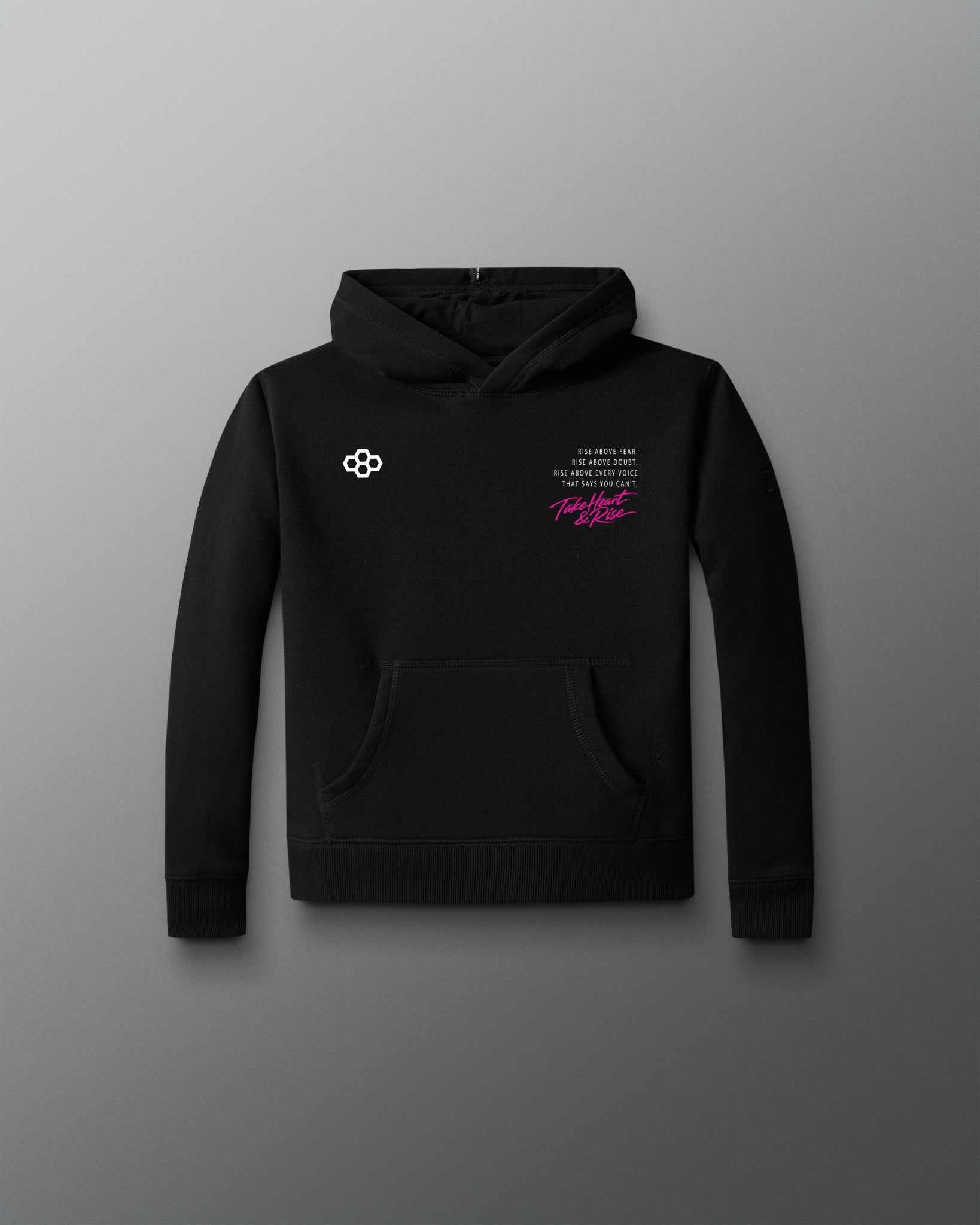 Black hoodie with text and logo on a gray background