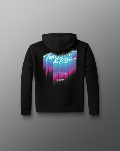 Black hoodie with colorful graphic on the back against a gray background