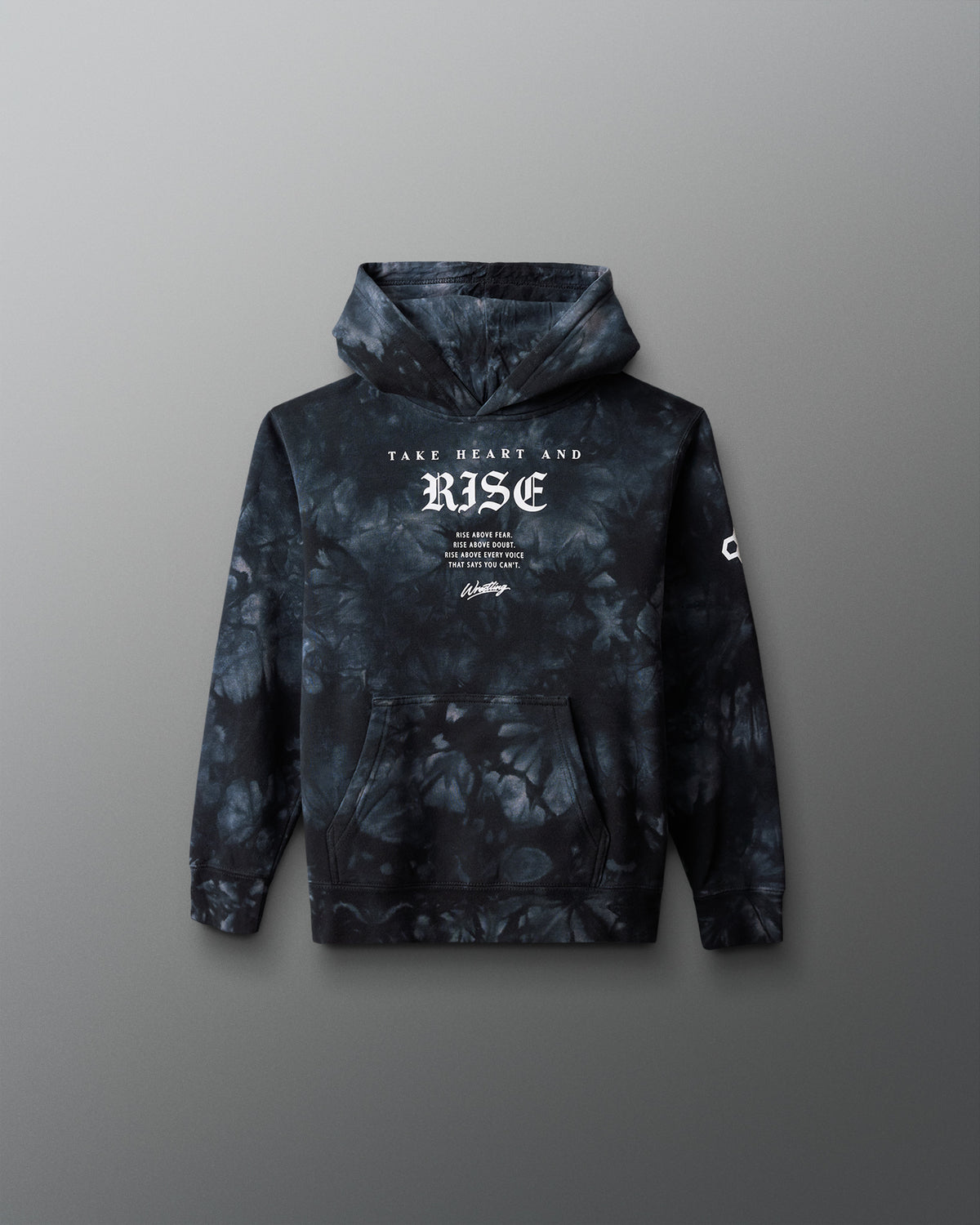 Tie-dye hoodie with text on a gray background