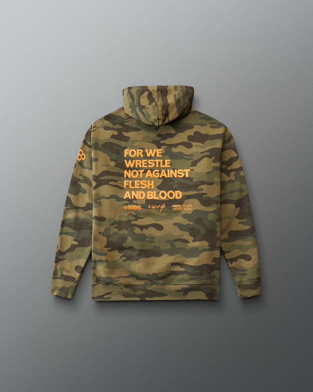 Camouflage hoodie with text on the back against a gray background