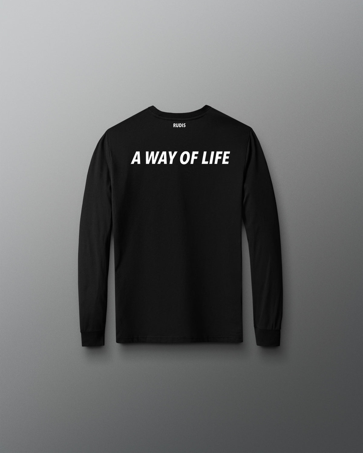 Black long-sleeve shirt with 'A Way of Life' text on a gray background