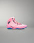 Pink wrestling shoe with blue sole on a gray background