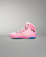 Pink wrestling shoe with colorful accents on a gray background