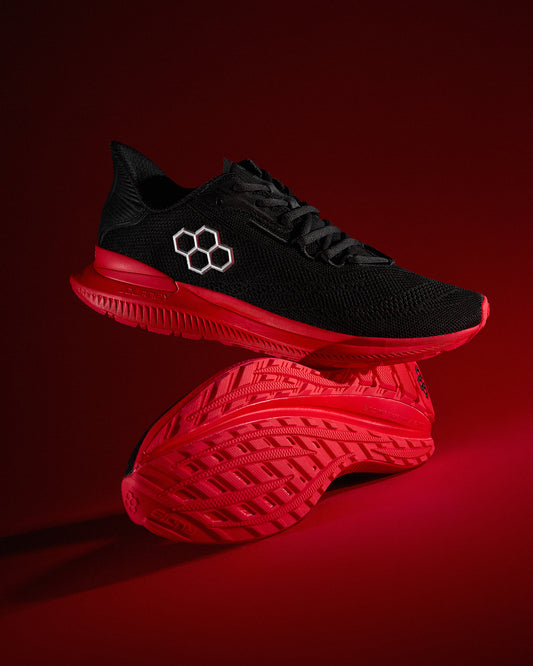 RUDIS Journey Knit Adult Training Shoes black red shoes on red background