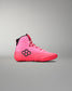 Pink wrestling shoe with black accents on a gray background