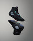 Black high-top wrestling shoes with a unique design on a gray background