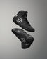 Black Wrestling Shoes with brand logo on a gray background