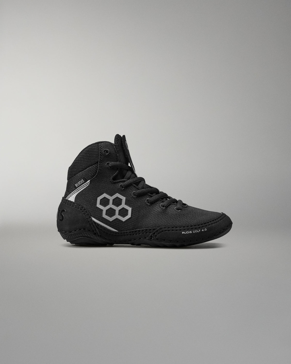 Black Wrestling Shoes with a white logo on a gray background