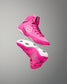 Pink high-top sneakers with a white logo on a gray background