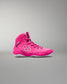 Pink high-top sneaker with a brand logo on a gray background