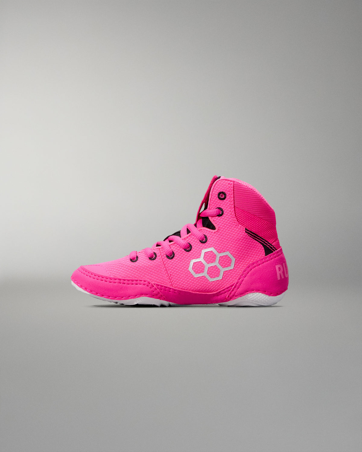 Pink high-top sneaker with a brand logo on a gray background