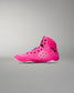 Pink high-top sneaker with a brand logo on a gray background