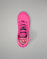 Pink athletic shoe with black laces on a gray background