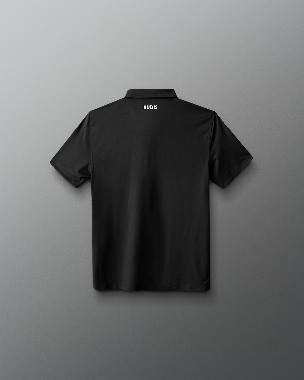 Black polo shirt with 'RUDIS' logo on the back against a gray background