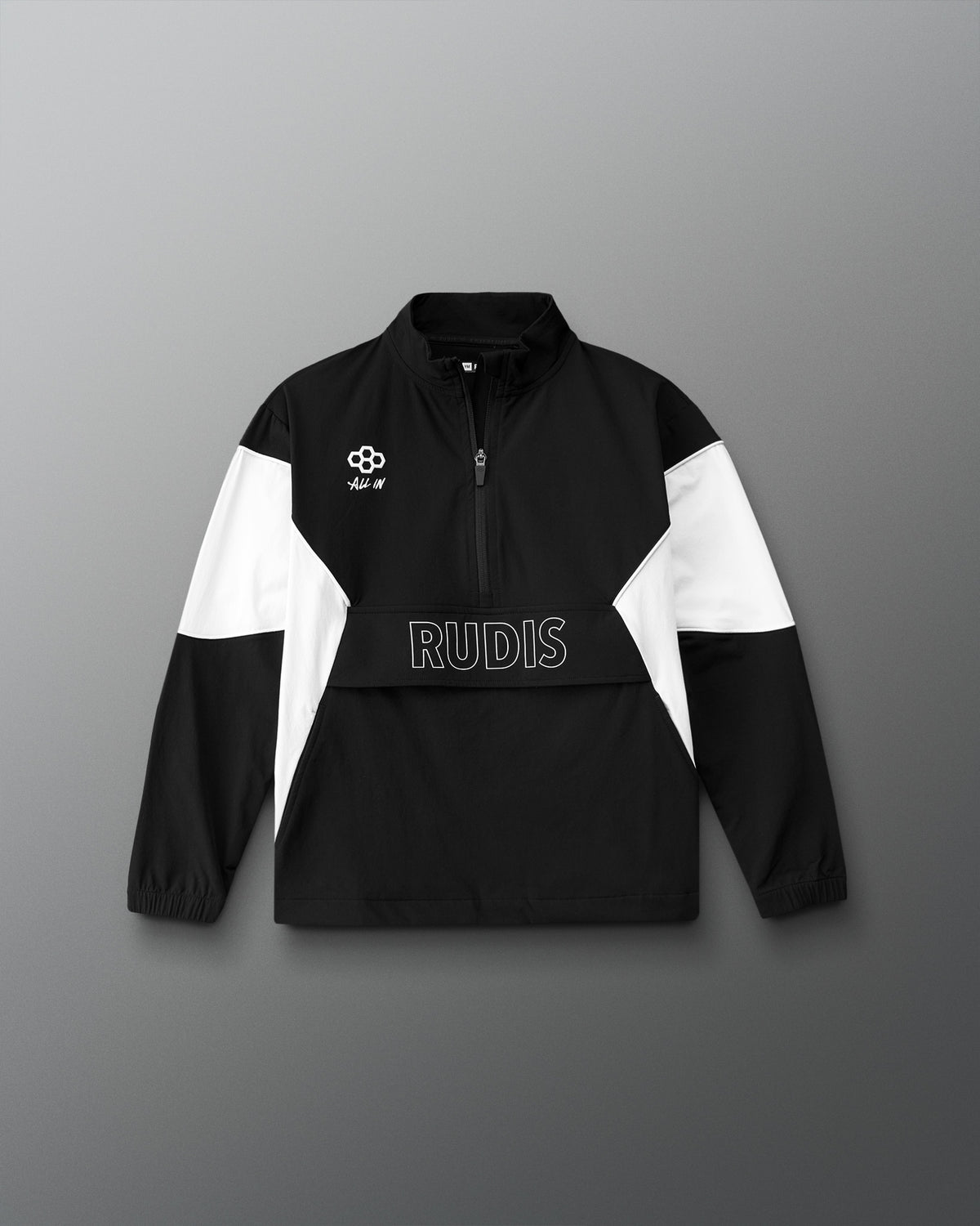 Black and white jacket with 'RUDIS' branding on a gray background