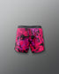 Pink and black patterned boxer briefs on a gray background