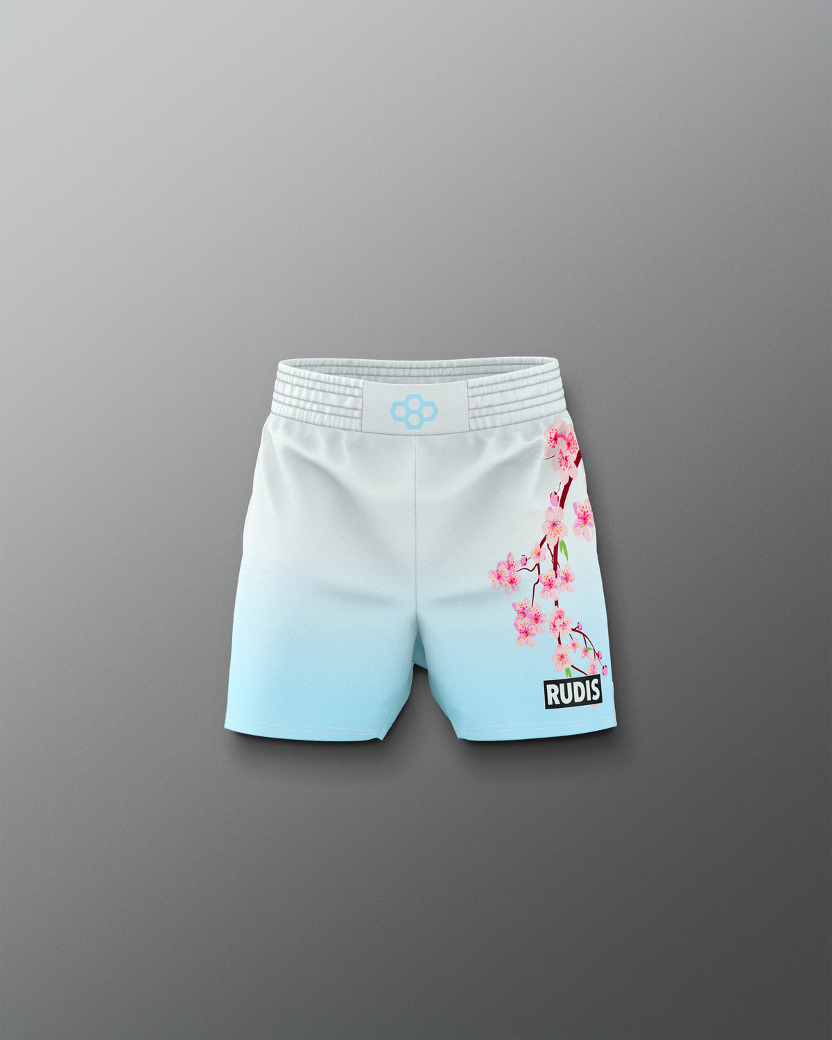 Light blue shorts with cherry blossom design on a gray background