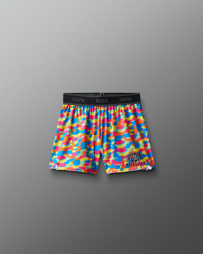 Colorful camouflage wrestling shorts with a brand logo on a gray background