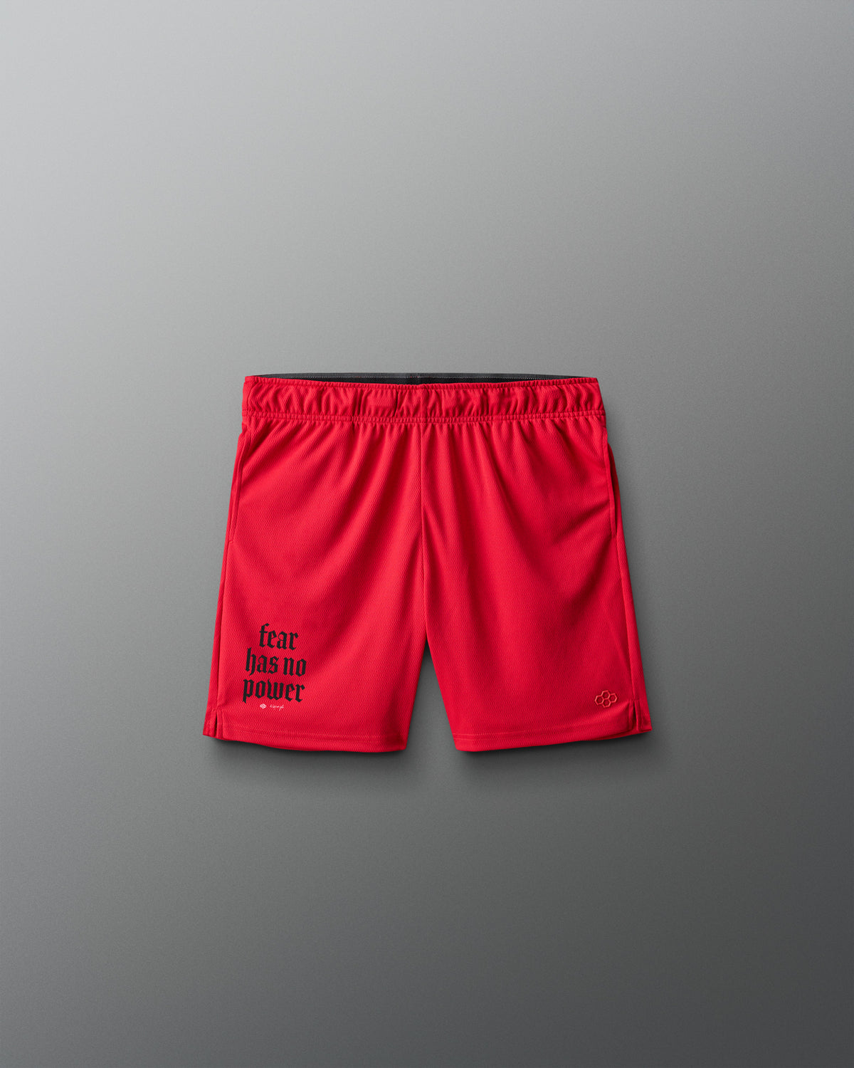 Red shorts with text on a gray background
