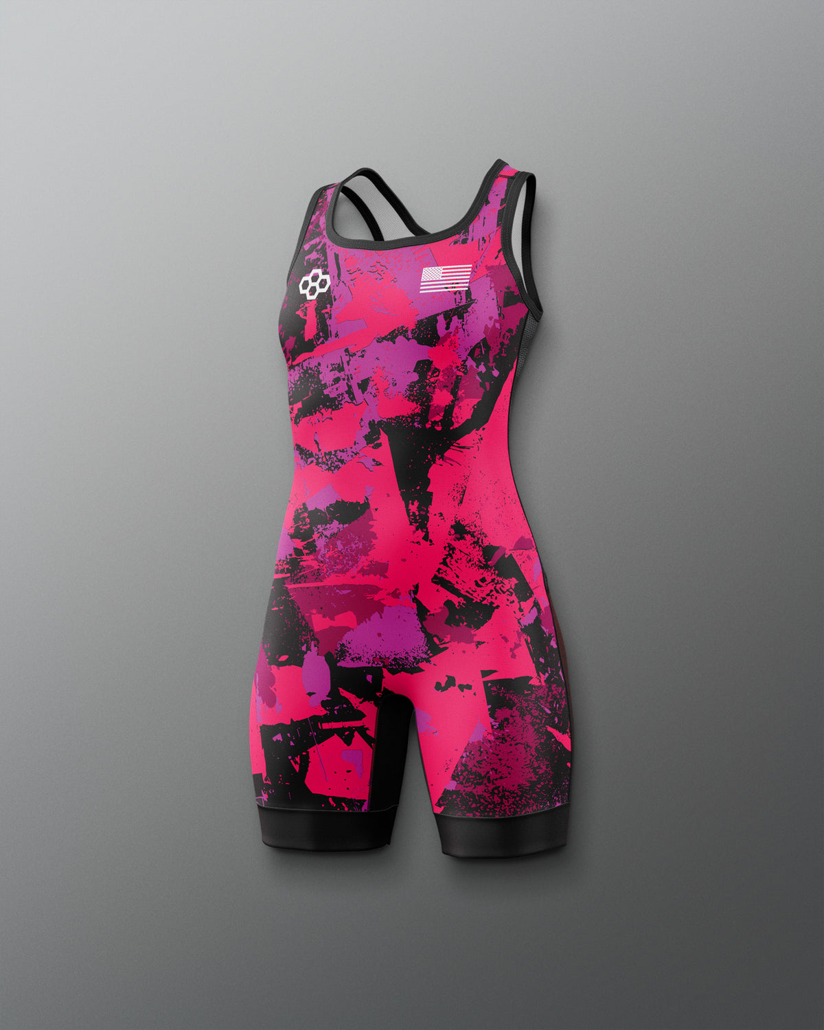 Pink and black athletic suit on a gray background