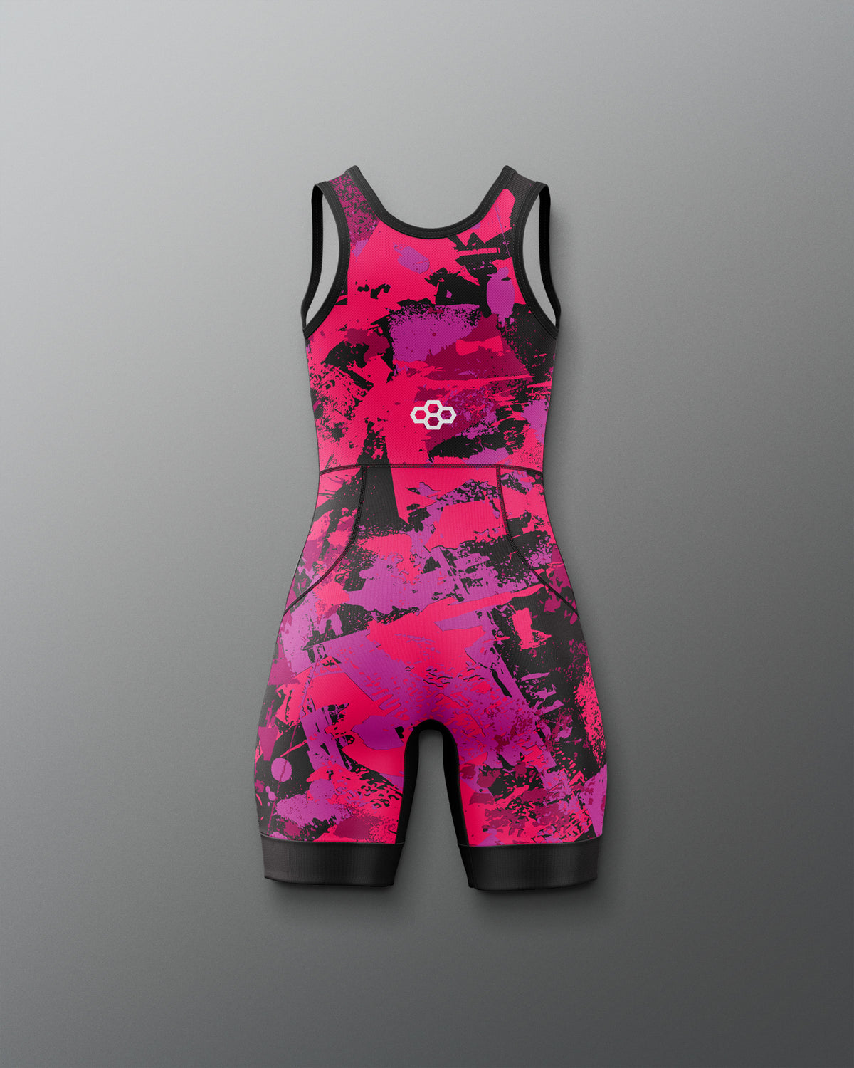 Pink and black athletic suit with a logo on a gray background
