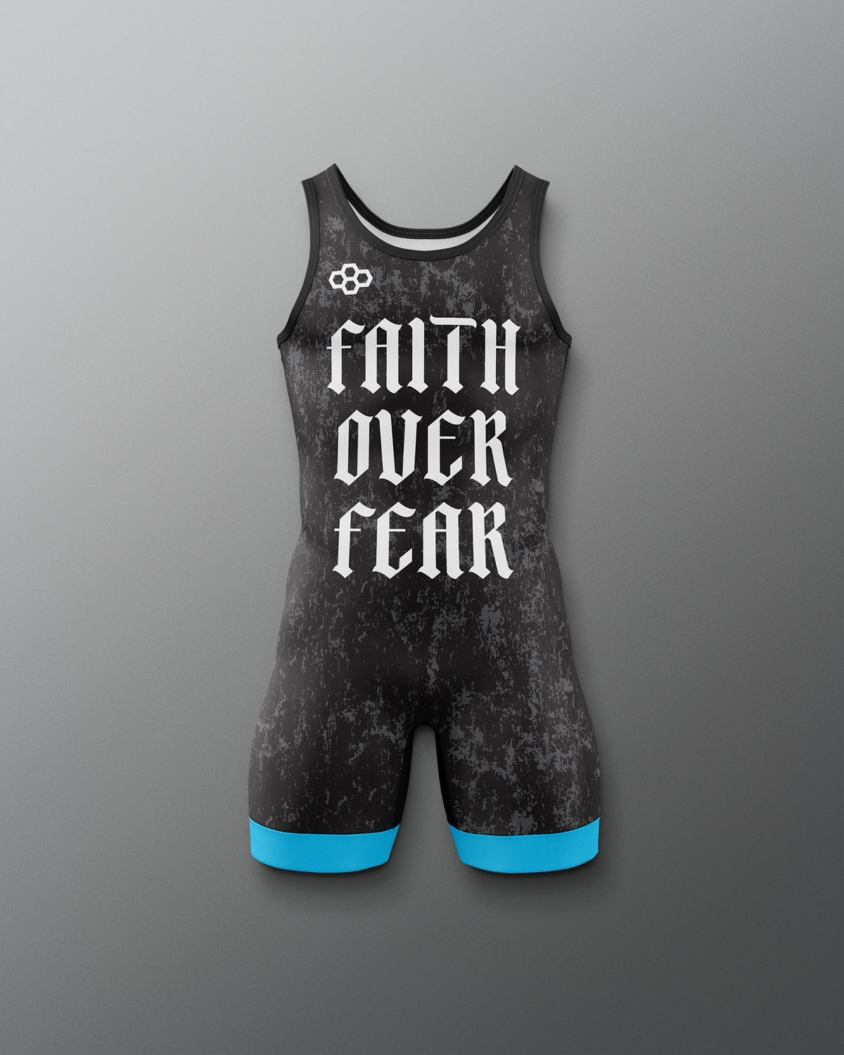 Black wrestling singlet with 'Faith Over Fear' text on a gray background