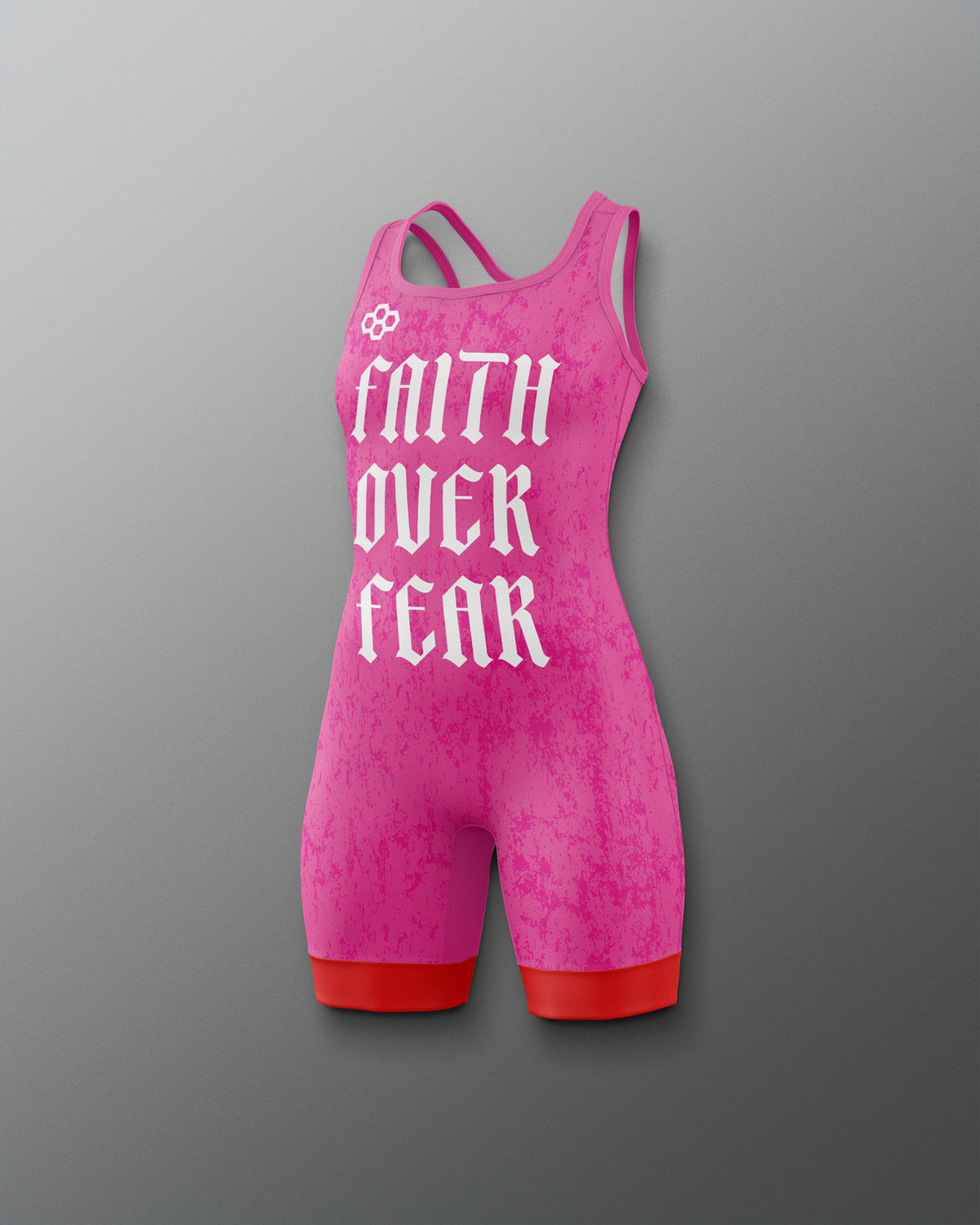 Pink wrestling singlet with 'Faith Over Fear' text on a gray background