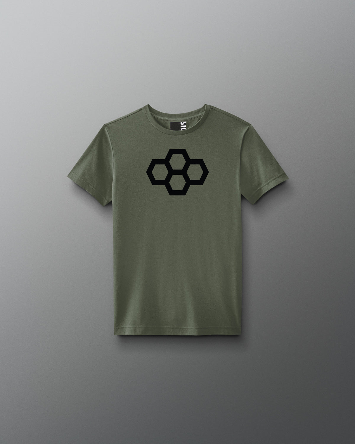 Green t-shirt with a black quadhex logo on a gray background