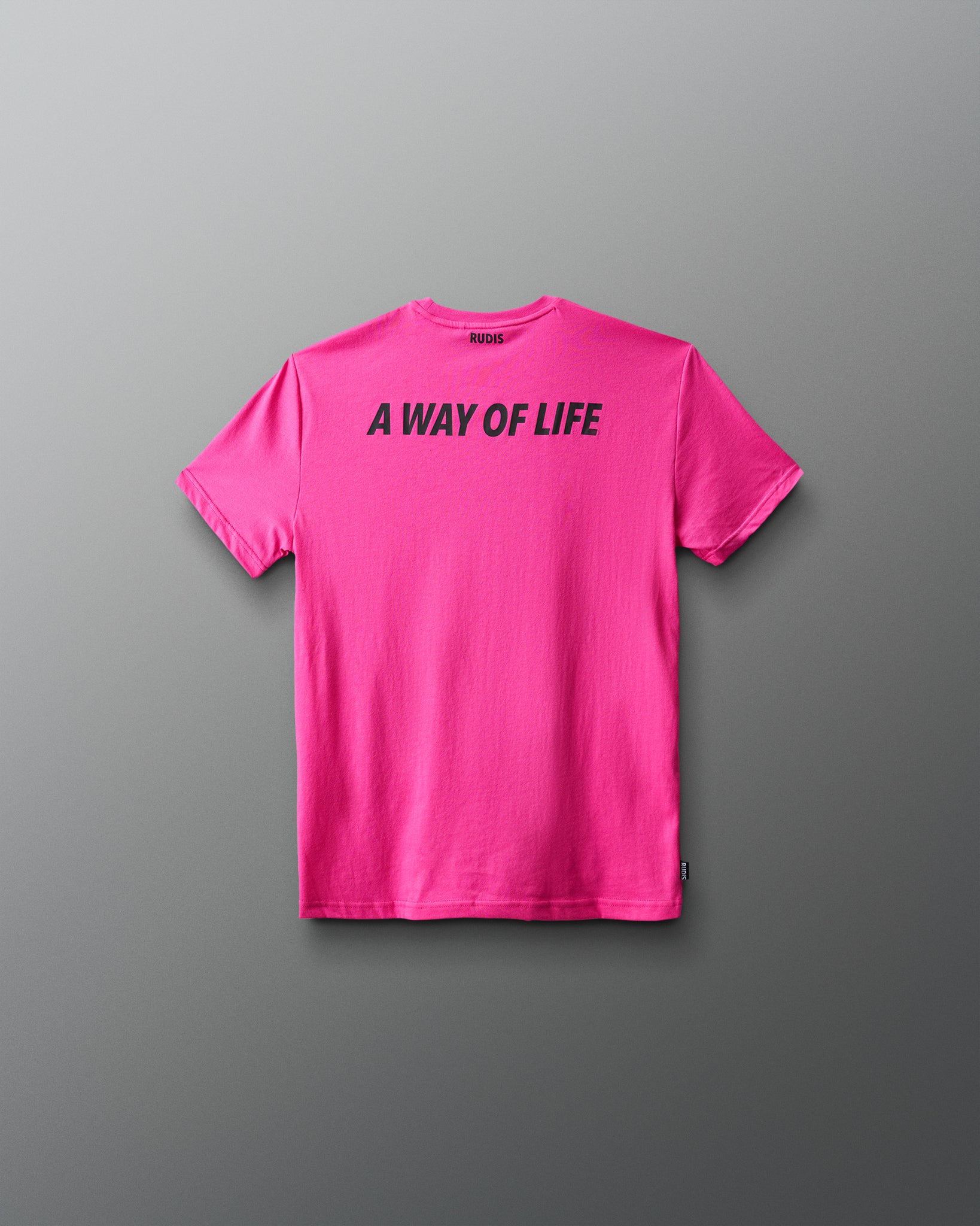 Pink t-shirt with 'A Way of Life' text on a gray background