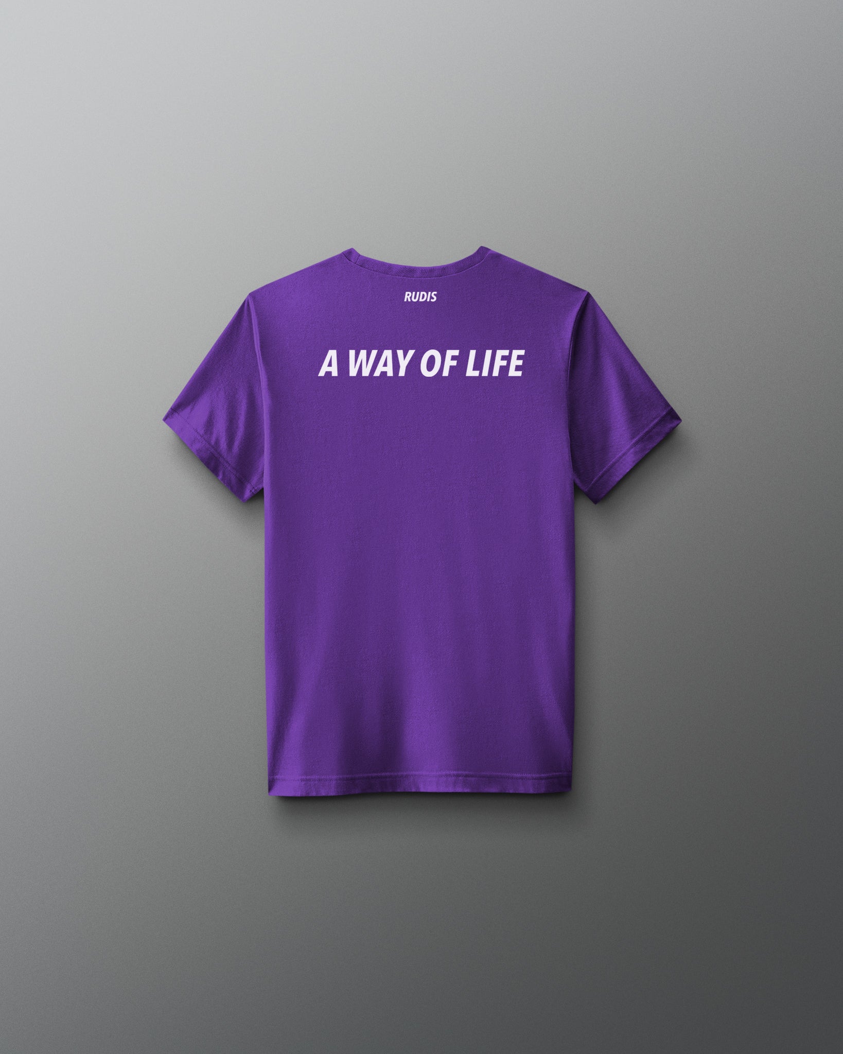 Purple t-shirt with 'A Way of Life' text on the back against a gray background
