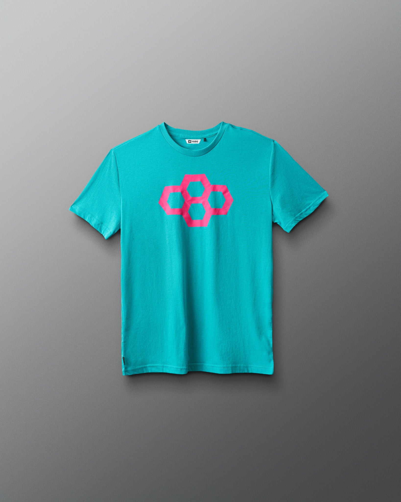 Turquoise t-shirt with a pink quadhex logo on a gray background