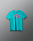 Turquoise t-shirt with a pink quadhex logo on a gray background